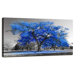 Wall Art Painting Contemporary Blue Tree in Black and White Style Fall Landscape Picture Modern Giclee Stretched and Framed Artwork