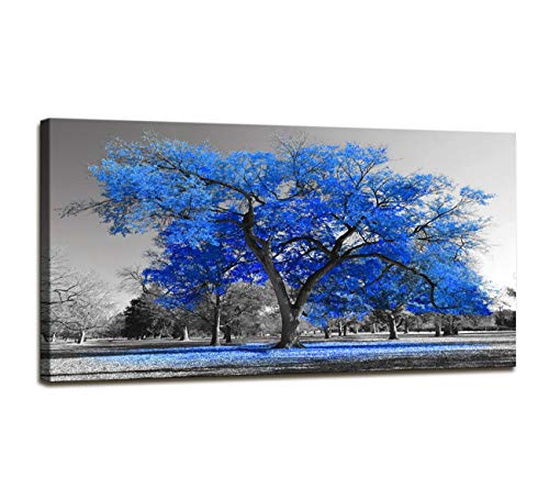 Wall Art Painting Contemporary Blue Tree in Black and White Style Fall Landscape Picture Modern Giclee Stretched and Framed Artwork