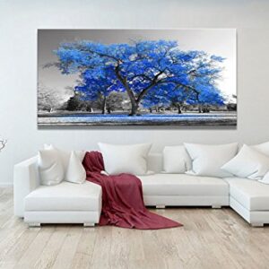 Wall Art Painting Contemporary Blue Tree in Black and White Style Fall Landscape Picture Modern Giclee Stretched and Framed Artwork