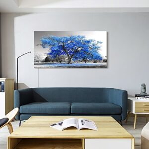 Wall Art Painting Contemporary Blue Tree in Black and White Style Fall Landscape Picture Modern Giclee Stretched and Framed Artwork