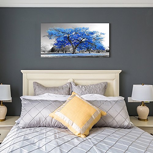 Wall Art Painting Contemporary Blue Tree in Black and White Style Fall Landscape Picture Modern Giclee Stretched and Framed Artwork