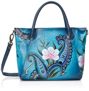 anna by anuschka women’s genuine leather large slouch tote bag | hand painted original artwork | denim paisley floral