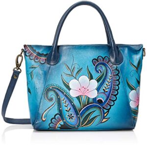 Anna by Anuschka Women's Genuine Leather Large Slouch Tote Bag | Hand Painted Original Artwork | Denim Paisley Floral