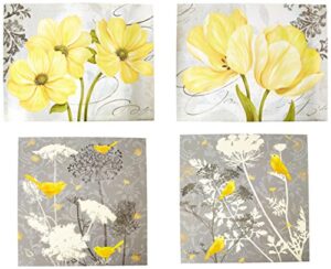 deflectair beautiful grey & yellow poster set; birds and flowers; two 12x12in and two 14x11in unframed poster prints