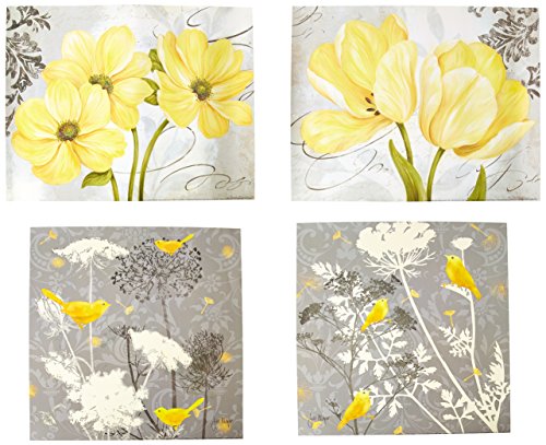 DEFLECTAIR Beautiful Grey & Yellow Poster Set; Birds and Flowers; Two 12x12in and Two 14x11in Unframed Poster Prints