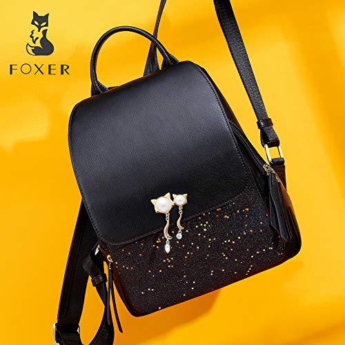 FOXER Women Leather Backpack Purse Small Backpack Casual Shoulder Bags (Black)