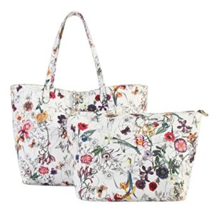 DIOPHY PU Leather Colorful Floral Pattern Two Tone Reversible Large Tote Womens Purse Handbag with Matching Crossbody Bag 2 Pieces Set FL-6000 FL-6001 (White exterior-Red interior)