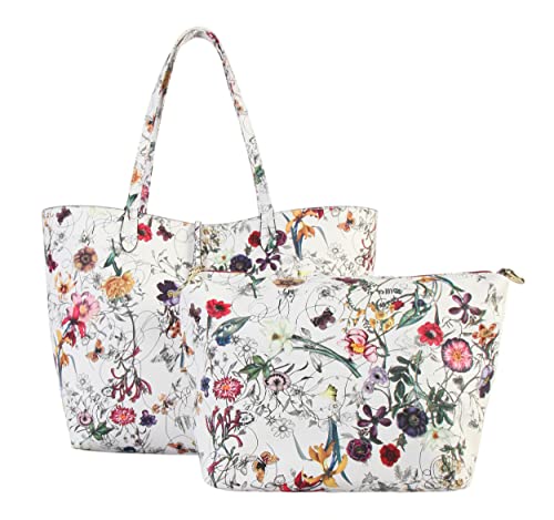 DIOPHY PU Leather Colorful Floral Pattern Two Tone Reversible Large Tote Womens Purse Handbag with Matching Crossbody Bag 2 Pieces Set FL-6000 FL-6001 (White exterior-Red interior)