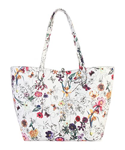 DIOPHY PU Leather Colorful Floral Pattern Two Tone Reversible Large Tote Womens Purse Handbag with Matching Crossbody Bag 2 Pieces Set FL-6000 FL-6001 (White exterior-Red interior)