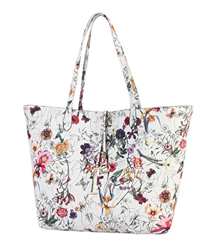 DIOPHY PU Leather Colorful Floral Pattern Two Tone Reversible Large Tote Womens Purse Handbag with Matching Crossbody Bag 2 Pieces Set FL-6000 FL-6001 (White exterior-Red interior)