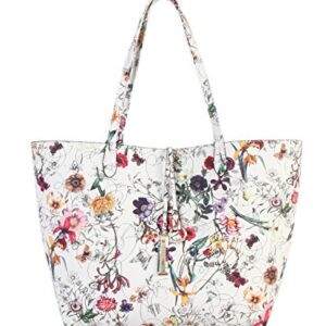 DIOPHY PU Leather Colorful Floral Pattern Two Tone Reversible Large Tote Womens Purse Handbag with Matching Crossbody Bag 2 Pieces Set FL-6000 FL-6001 (White exterior-Red interior)