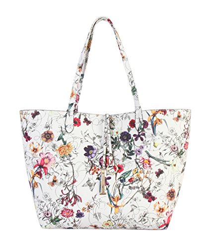 DIOPHY PU Leather Colorful Floral Pattern Two Tone Reversible Large Tote Womens Purse Handbag with Matching Crossbody Bag 2 Pieces Set FL-6000 FL-6001 (White exterior-Red interior)