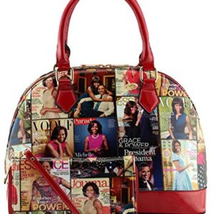 Glossy magazine cover collage dome satchel bag purses bowling bag Michelle Obama bags with wallet set 2 in 1 (MULTI/RD)