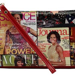 Glossy magazine cover collage dome satchel bag purses bowling bag Michelle Obama bags with wallet set 2 in 1 (MULTI/RD)