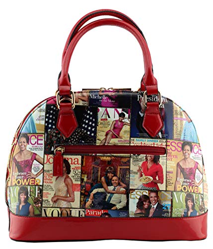 Glossy magazine cover collage dome satchel bag purses bowling bag Michelle Obama bags with wallet set 2 in 1 (MULTI/RD)