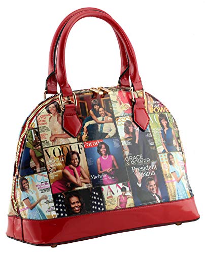 Glossy magazine cover collage dome satchel bag purses bowling bag Michelle Obama bags with wallet set 2 in 1 (MULTI/RD)