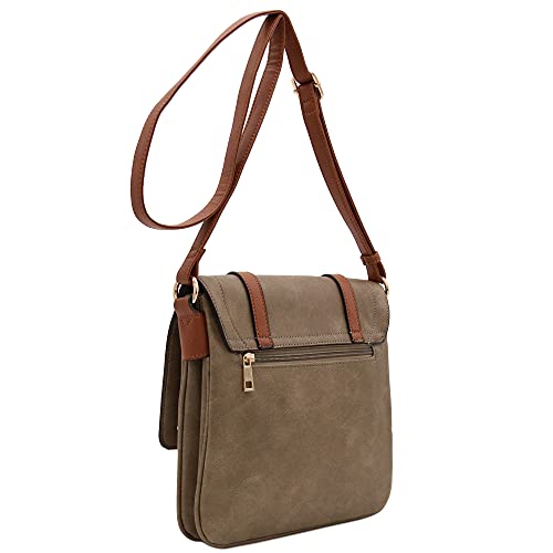 ALYSSA Double Compartment Large Flapover Crossbody Bag with Colorblock Straps (Stone/Brown)