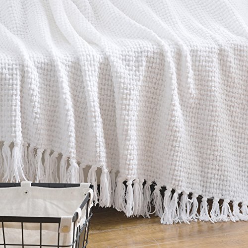 Melody House Super Soft Woven Plaid Pattern Throw, Decorative Throw Blanket with Tassels, 50x60, Bright White