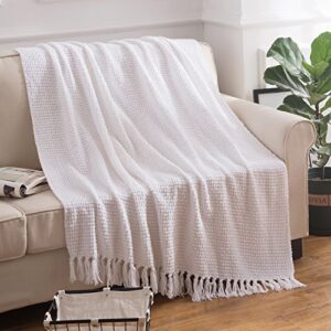 Melody House Super Soft Woven Plaid Pattern Throw, Decorative Throw Blanket with Tassels, 50x60, Bright White