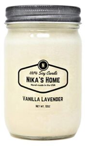 nika’s home vanilla lavender soy candle 12oz mason jar non-toxic white soy candle-hand poured handmade, long burning 50-60 hours highly scented all natural, clean burning candle gift décor