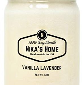 Nika's Home Vanilla Lavender Soy Candle 12oz Mason Jar Non-Toxic White Soy Candle-Hand Poured Handmade, Long Burning 50-60 Hours Highly Scented All Natural, Clean Burning Candle Gift Décor