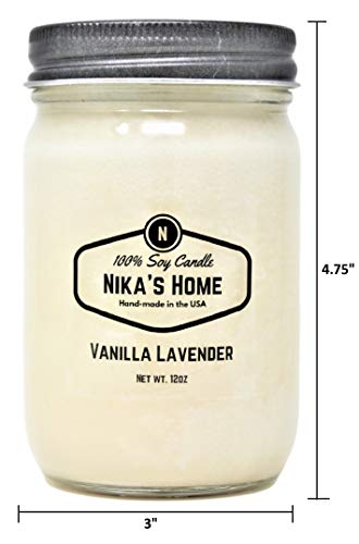 Nika's Home Vanilla Lavender Soy Candle 12oz Mason Jar Non-Toxic White Soy Candle-Hand Poured Handmade, Long Burning 50-60 Hours Highly Scented All Natural, Clean Burning Candle Gift Décor