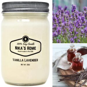 Nika's Home Vanilla Lavender Soy Candle 12oz Mason Jar Non-Toxic White Soy Candle-Hand Poured Handmade, Long Burning 50-60 Hours Highly Scented All Natural, Clean Burning Candle Gift Décor