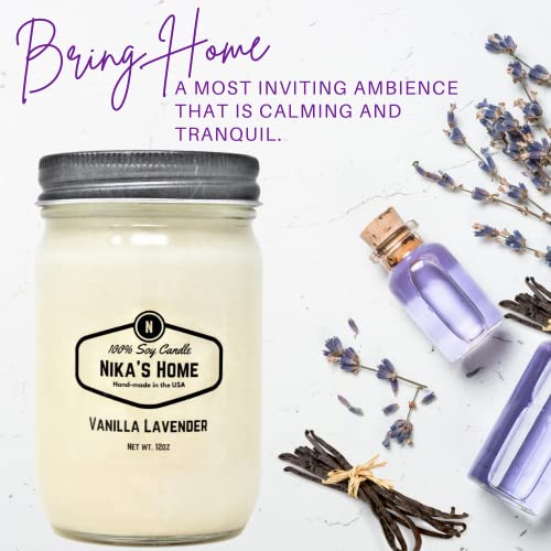 Nika's Home Vanilla Lavender Soy Candle 12oz Mason Jar Non-Toxic White Soy Candle-Hand Poured Handmade, Long Burning 50-60 Hours Highly Scented All Natural, Clean Burning Candle Gift Décor