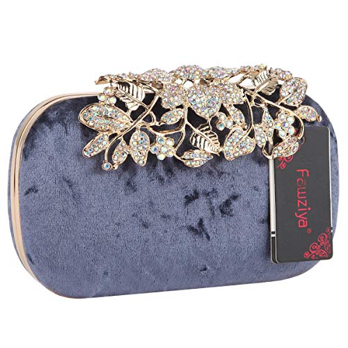 Fawziya Flower Clutch With Rhinestones Velvet Clutches For Women-Grey