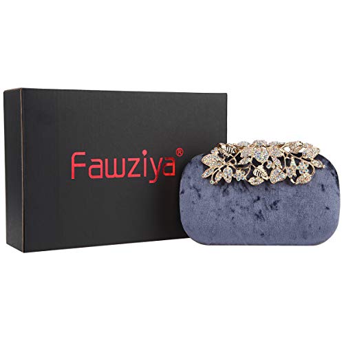 Fawziya Flower Clutch With Rhinestones Velvet Clutches For Women-Grey