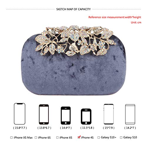 Fawziya Flower Clutch With Rhinestones Velvet Clutches For Women-Grey