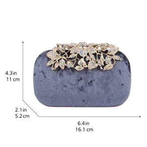 Fawziya Flower Clutch With Rhinestones Velvet Clutches For Women-Grey