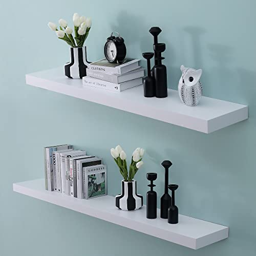 WELLAND Mission Floating Shelf, Wall Mount Shelving, Wood Modern Display Shelves, Bookshelves,for Living Room Kitchen, Approx 60-inch Length by 2-inch High, White