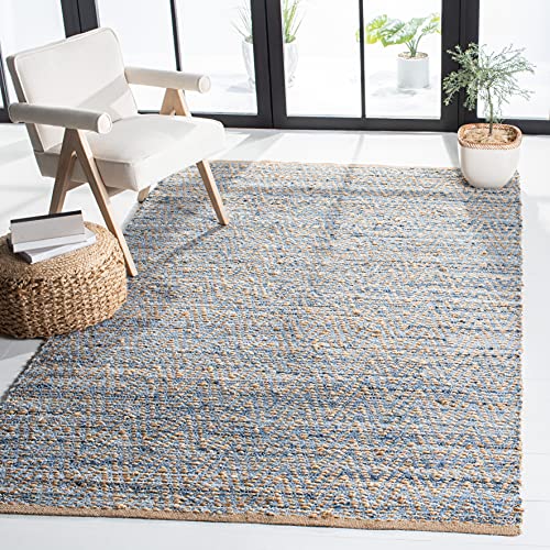 SAFAVIEH Cape Cod Collection 4' x 6' Natural / Blue CAP350A Handmade Flatweave Coastal Braided Jute Area Rug