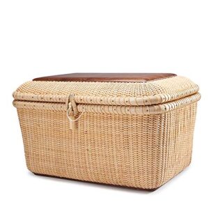 teng tian nantucket baskets rectangular handwoven rattan storage basket set with lid for shelves and home organizer bins (l)