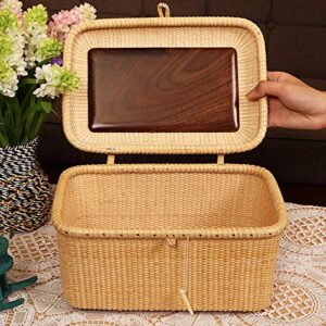 Teng Tian Nantucket baskets Rectangular Handwoven rattan Storage Basket Set with Lid for Shelves and Home Organizer Bins (L)