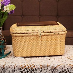 Teng Tian Nantucket baskets Rectangular Handwoven rattan Storage Basket Set with Lid for Shelves and Home Organizer Bins (L)