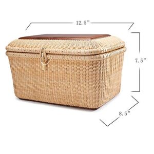 Teng Tian Nantucket baskets Rectangular Handwoven rattan Storage Basket Set with Lid for Shelves and Home Organizer Bins (L)