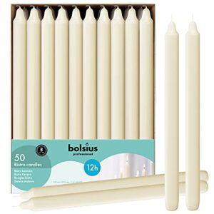 bolsius ivory candlesticks bulk pack 50 count – unscented dripless 11.5 inch household & dinner candle set – 12+ hours – premium european quality – consistent smokeless flame – 100% cotton wick