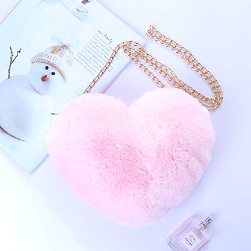 FENICAL Cellphone Purse Plush Heart Shaped Crossbody Bag with Chain Cute Fluffy Shoulder Bag for Women Ladies- Pink