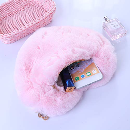 FENICAL Cellphone Purse Plush Heart Shaped Crossbody Bag with Chain Cute Fluffy Shoulder Bag for Women Ladies- Pink