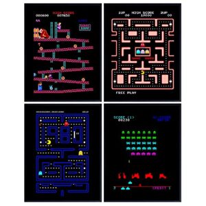 classic arcade games – arcade decor – 8×10 wall art prints set for man cave, den, family room, bar, bedroom – gift for gamers, video game, atari, pacman, ms pacman, donkey kong, space invaders fans
