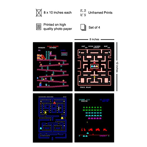 Classic Arcade Games - Arcade Decor - 8x10 Wall Art Prints Set for Man Cave, Den, Family Room, Bar, Bedroom - Gift for Gamers, Video Game, Atari, Pacman, Ms Pacman, Donkey Kong, Space Invaders Fans