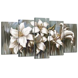 kreative arts 5 panel flowers canvas wall art modern wrapped floral artwork giclee canvas prints white and grey tulip paintings on canvas ready to hang for living room (large size 60x32inch)