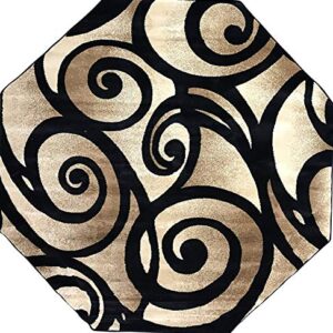 Bellagio Modern Octagon Contemporary Area Rug Black Swirl Design 341 (4 Feet X 4 Feet )