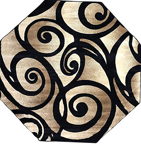 Bellagio Modern Octagon Contemporary Area Rug Black Swirl Design 341 (4 Feet X 4 Feet )