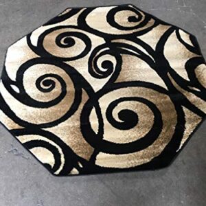 Bellagio Modern Octagon Contemporary Area Rug Black Swirl Design 341 (4 Feet X 4 Feet )