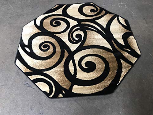 Bellagio Modern Octagon Contemporary Area Rug Black Swirl Design 341 (4 Feet X 4 Feet )