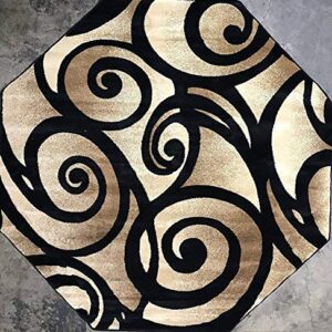 Bellagio Modern Octagon Contemporary Area Rug Black Swirl Design 341 (4 Feet X 4 Feet )