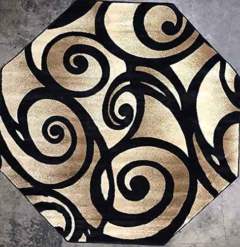 Bellagio Modern Octagon Contemporary Area Rug Black Swirl Design 341 (4 Feet X 4 Feet )